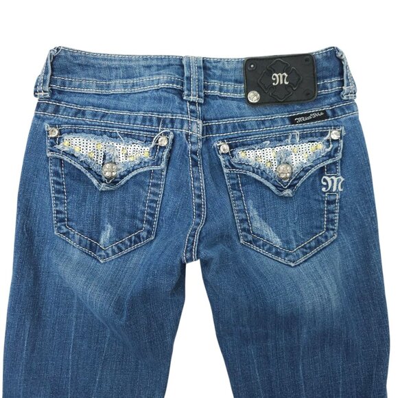 Miss Me Boot Cut Jeans READ Womens 26 Flap Pockets Low Rise Distressed Denim - Picture 14 of 16